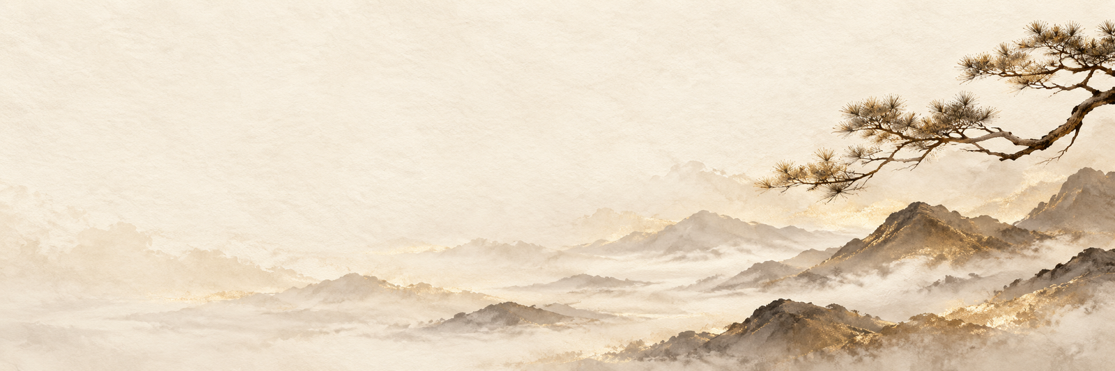 Ilustração artística de montanhas em névoa e um ramo de pinheiro sobre papel marfim